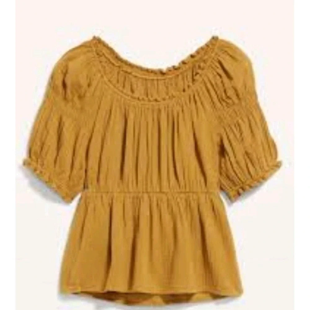 Puff Sleeve Caramel Brown Shirred Cotton Babydoll‎ Blouse SZ M Milkmaid Old Navy